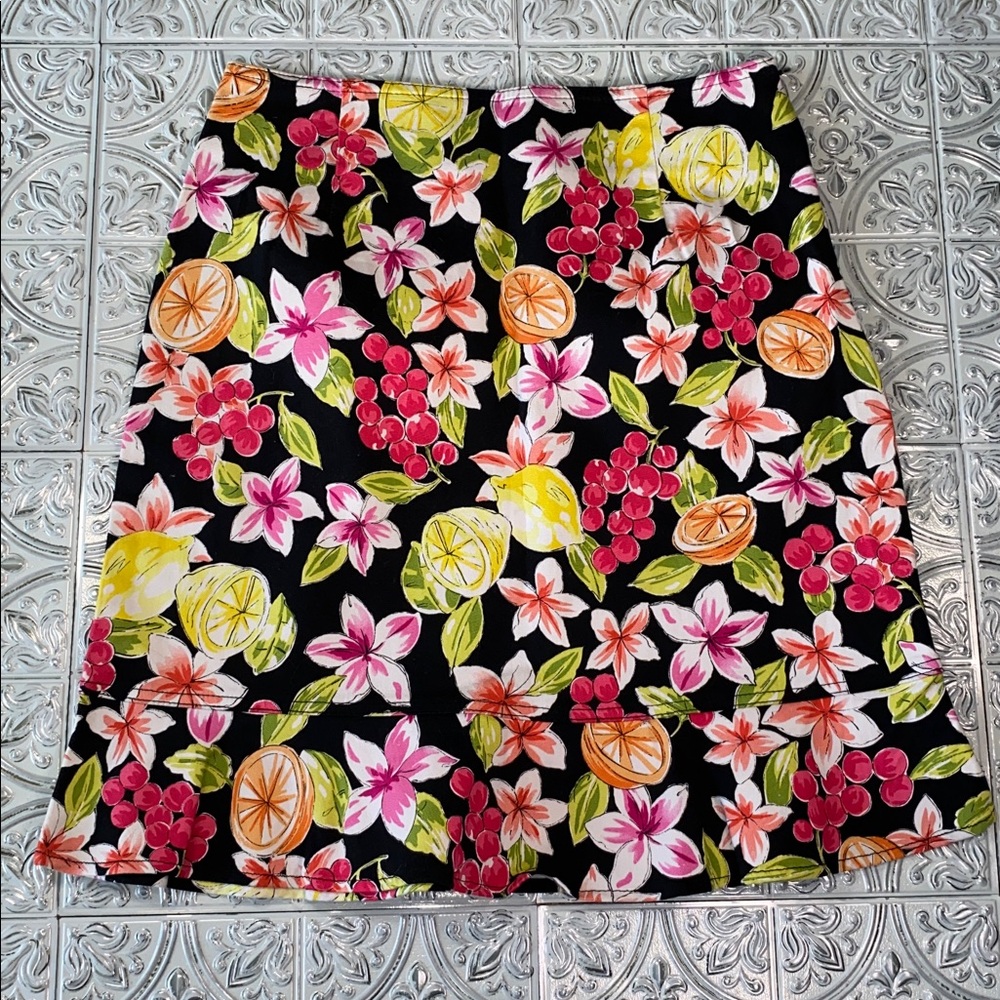 Briggs New York Fruit Floral Cotton Skirt 6 Black Citrus Summer